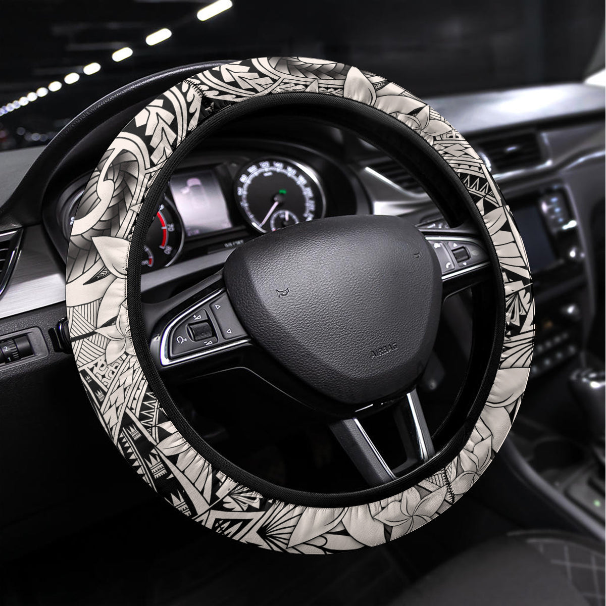 Polynesia Steering Wheel Cover Tribal Polynesian Spirit With Beige Pacific Flowers LT9 Universal Fit Beige - Polynesian Pride