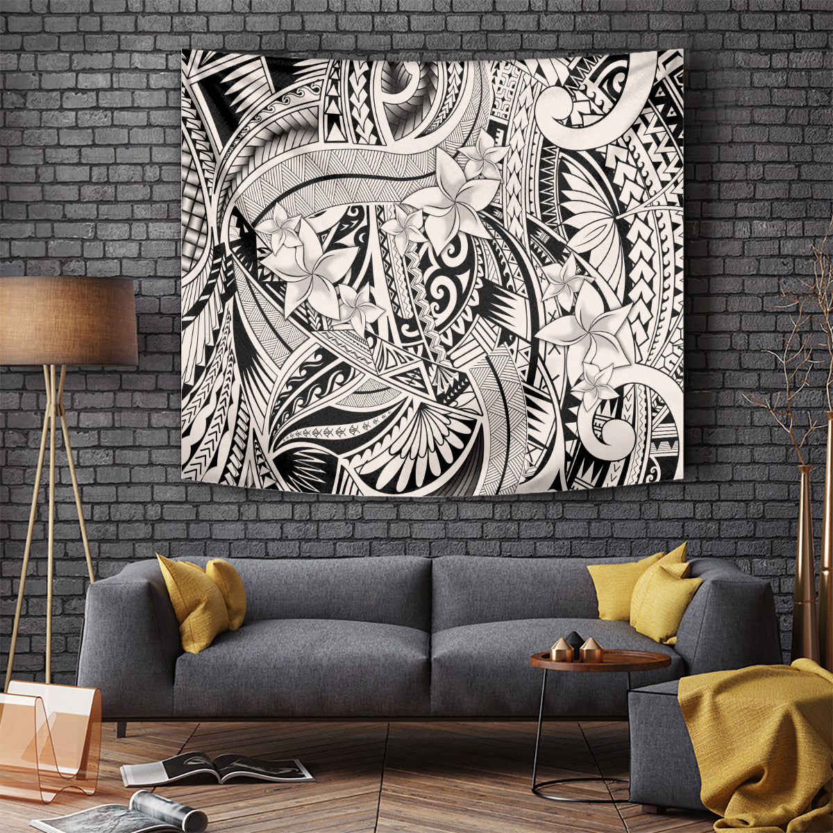 Polynesia Tapestry Tribal Polynesian Spirit With Beige Pacific Flowers LT9 Beige - Polynesian Pride