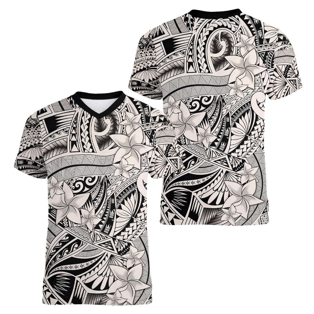Polynesia Women V Neck T Shirt Tribal Polynesian Spirit With Beige Pacific Flowers LT9 - Polynesian Pride