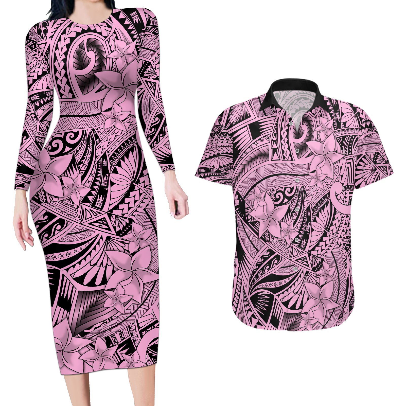 Polynesia Couples Matching Long Sleeve Bodycon Dress and Hawaiian Shirt Tribal Polynesian Spirit With Pink Pacific Flowers LT9 Pink - Polynesian Pride