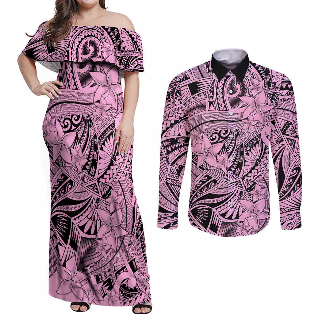 Polynesia Couples Matching Off Shoulder Maxi Dress and Long Sleeve Button Shirt Tribal Polynesian Spirit With Pink Pacific Flowers LT9 Pink - Polynesian Pride