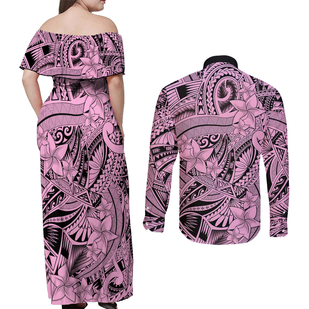 Polynesia Couples Matching Off Shoulder Maxi Dress and Long Sleeve Button Shirt Tribal Polynesian Spirit With Pink Pacific Flowers LT9 - Polynesian Pride
