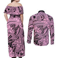 Polynesia Couples Matching Off Shoulder Maxi Dress and Long Sleeve Button Shirt Tribal Polynesian Spirit With Pink Pacific Flowers LT9 - Polynesian Pride