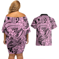 Polynesia Couples Matching Off Shoulder Short Dress and Hawaiian Shirt Tribal Polynesian Spirit With Pink Pacific Flowers LT9 - Polynesian Pride