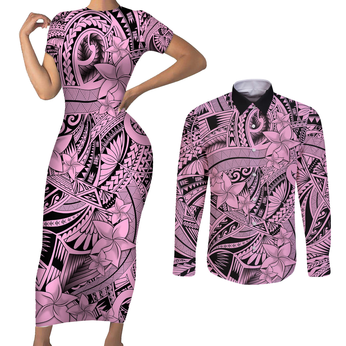 Polynesia Couples Matching Short Sleeve Bodycon Dress and Long Sleeve Button Shirt Tribal Polynesian Spirit With Pink Pacific Flowers LT9 Pink - Polynesian Pride