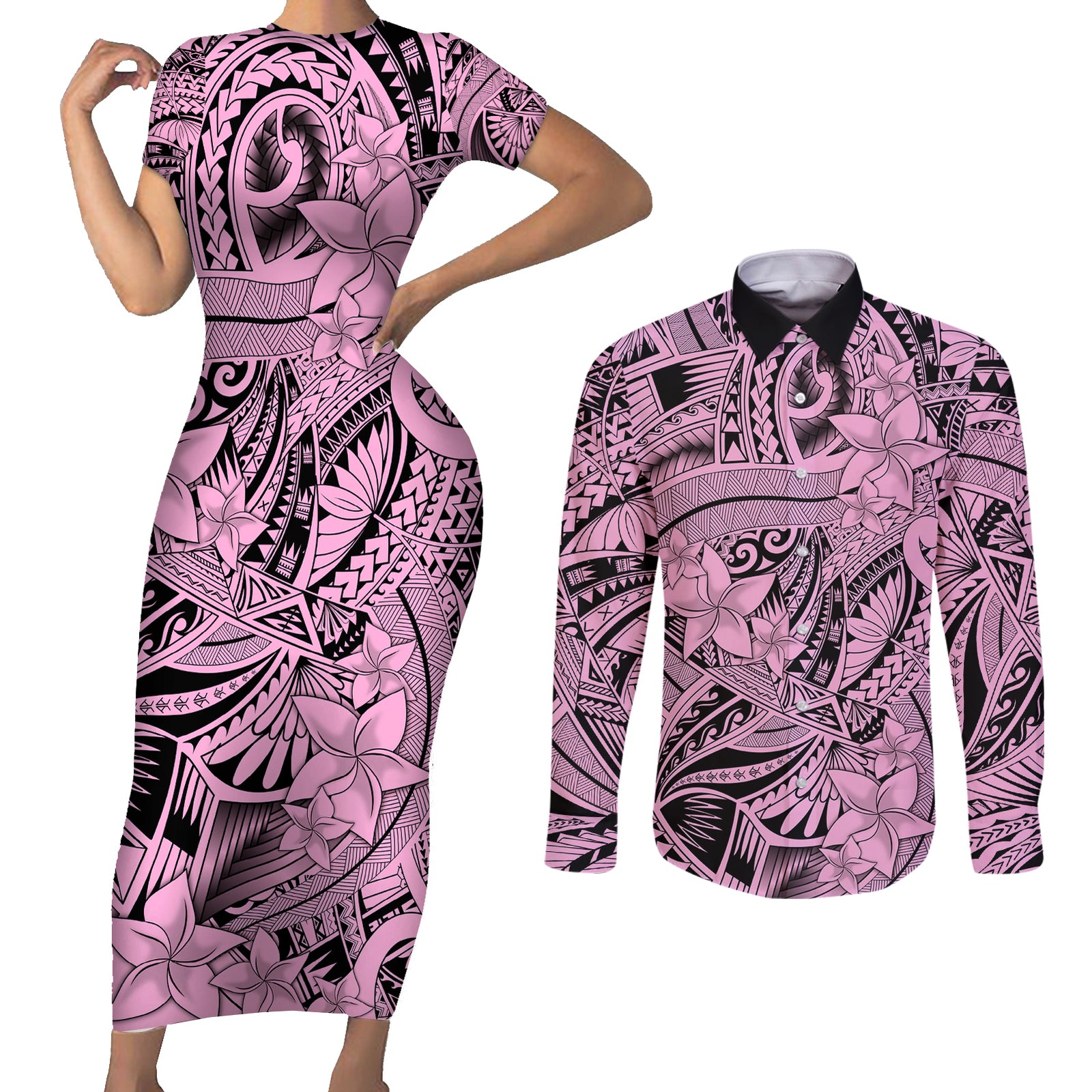 Polynesia Couples Matching Short Sleeve Bodycon Dress and Long Sleeve Button Shirt Tribal Polynesian Spirit With Pink Pacific Flowers LT9 Pink - Polynesian Pride