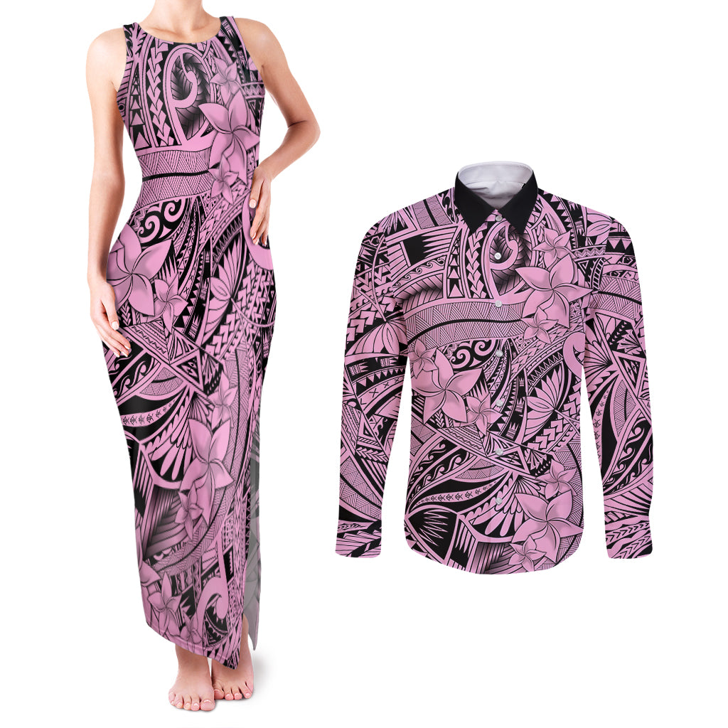 Polynesia Couples Matching Tank Maxi Dress and Long Sleeve Button Shirt Tribal Polynesian Spirit With Pink Pacific Flowers LT9 Pink - Polynesian Pride