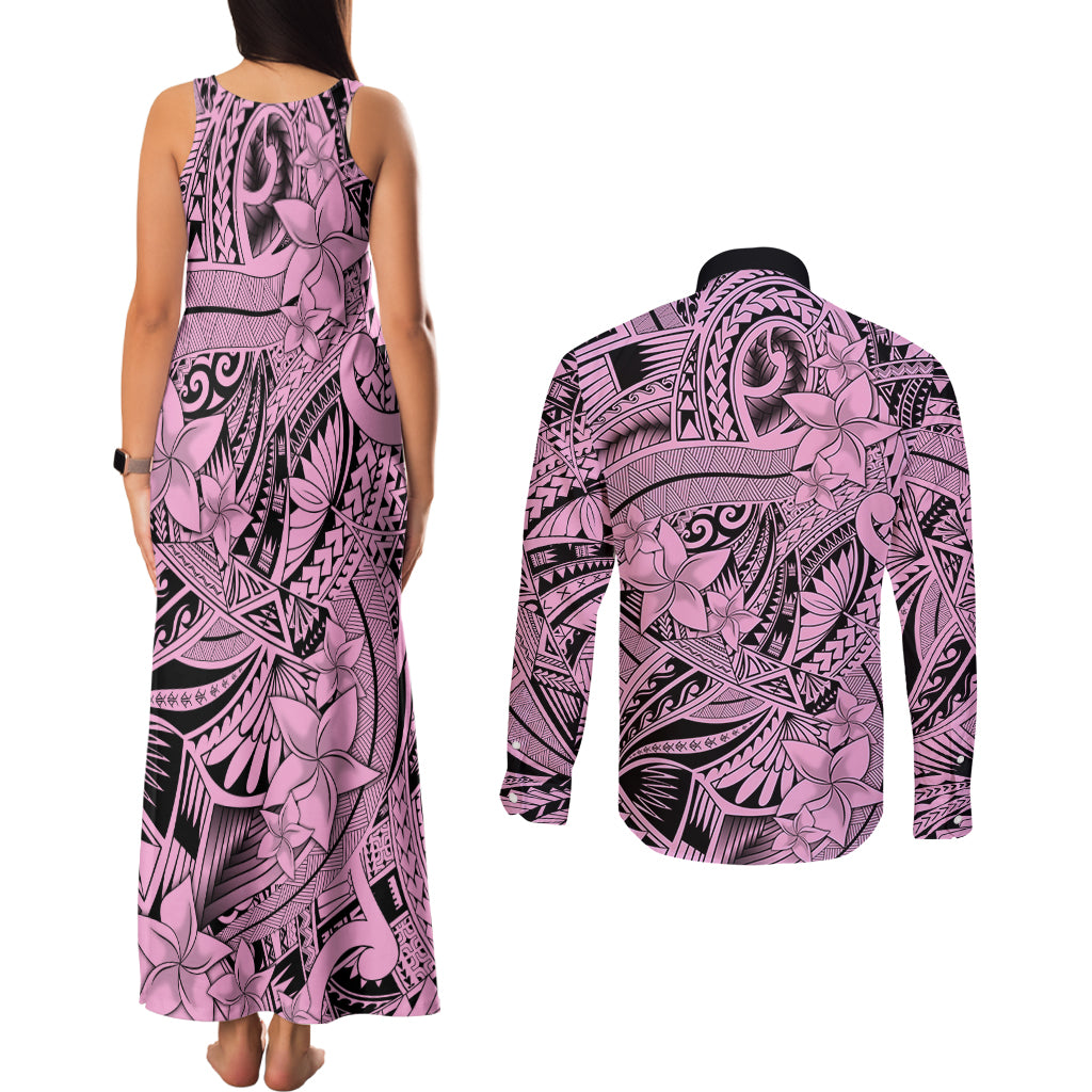 Polynesia Couples Matching Tank Maxi Dress and Long Sleeve Button Shirt Tribal Polynesian Spirit With Pink Pacific Flowers LT9 - Polynesian Pride