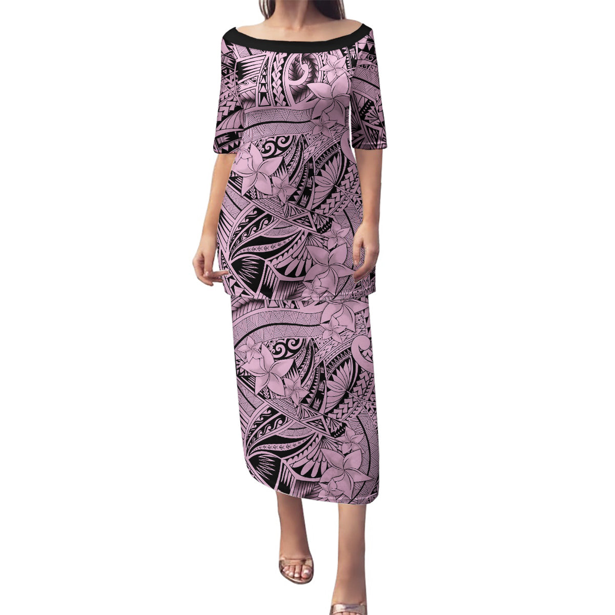 Polynesia Family Matching Puletasi Dress and Hawaiian Shirt Tribal Polynesian Spirit With Pink Pacific Flowers LT9 Mom's Dress Pink - Polynesian Pride