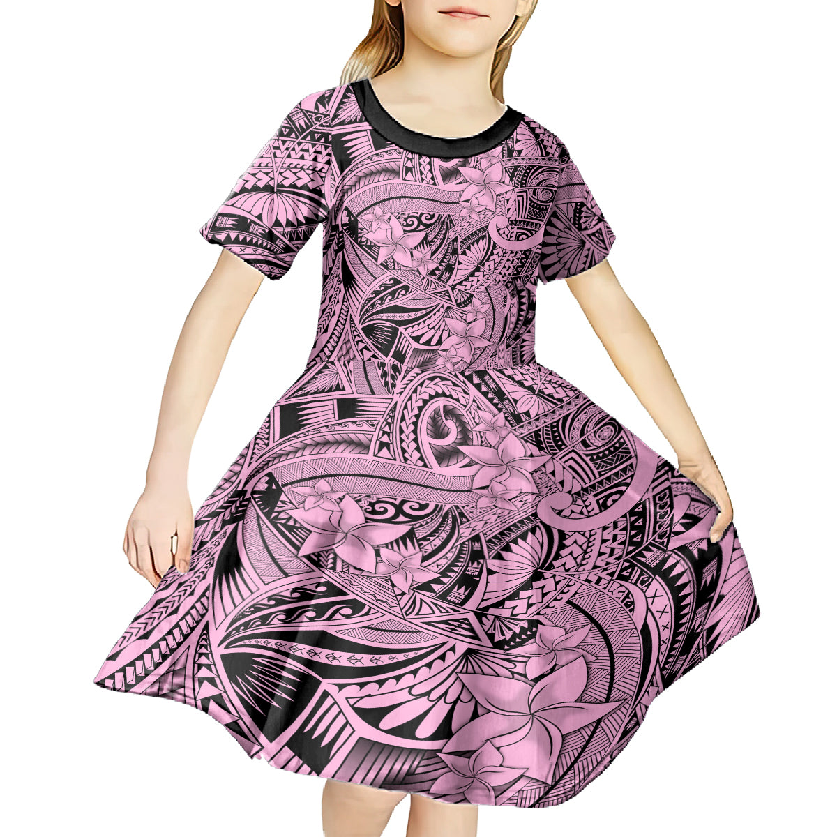 Polynesia Kid Short Sleeve Dress Tribal Polynesian Spirit With Pink Pacific Flowers LT9 - Polynesian Pride