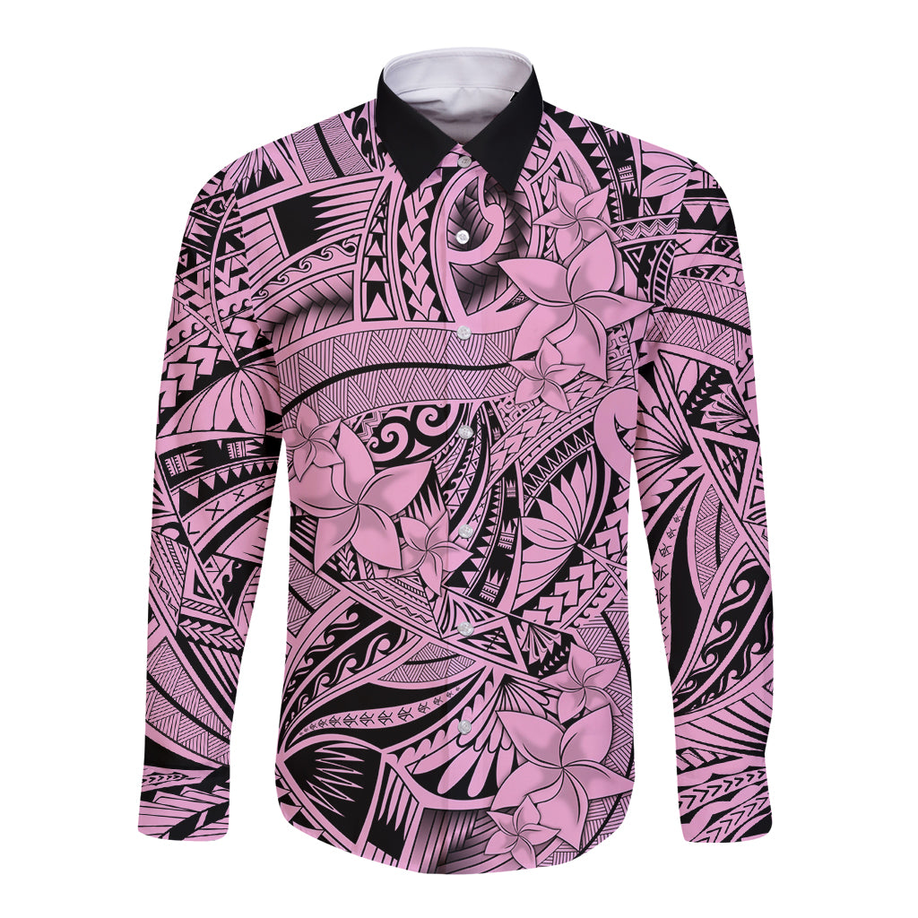 Polynesia Long Sleeve Button Shirt Tribal Polynesian Spirit With Pink Pacific Flowers LT9 Unisex Pink - Polynesian Pride