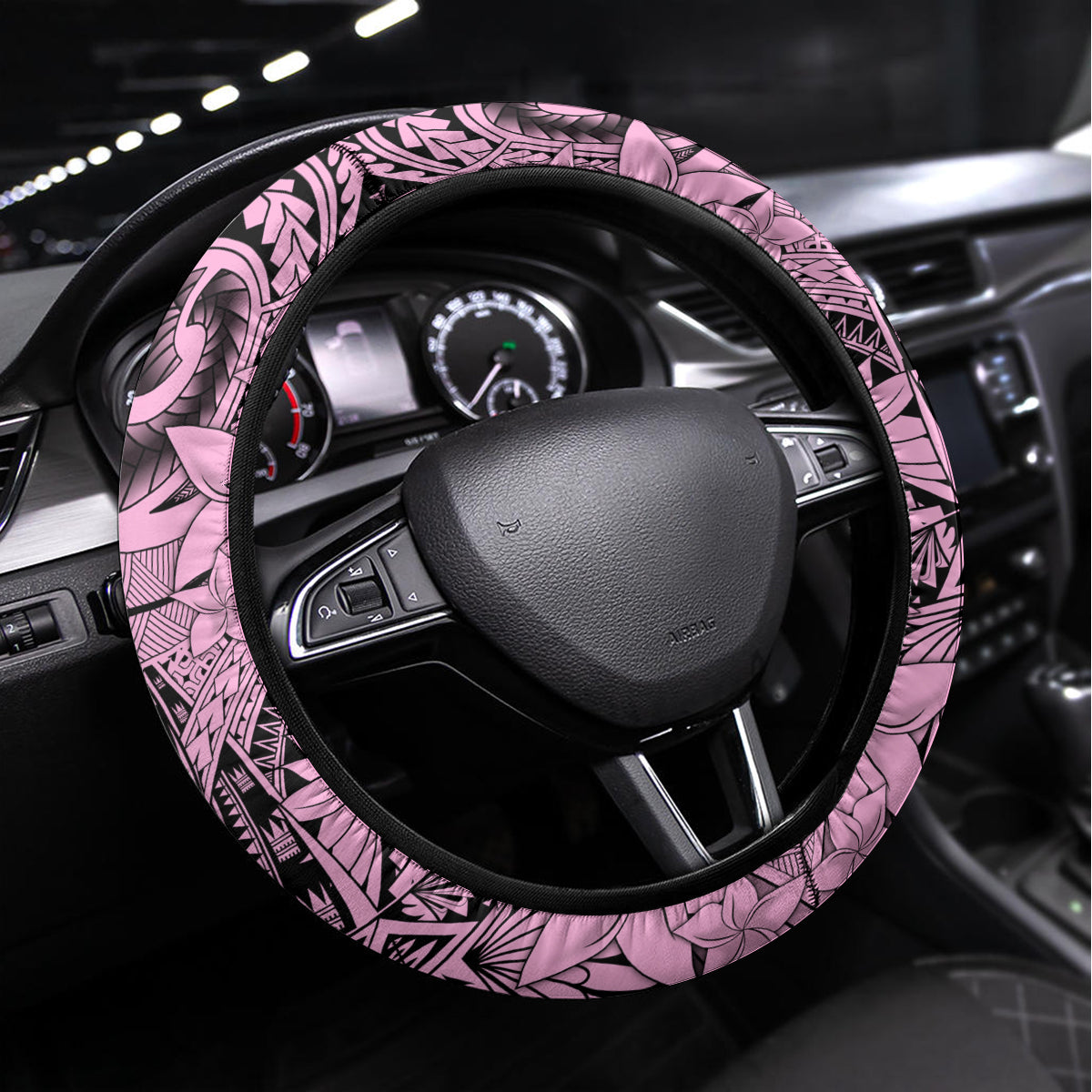 Polynesia Steering Wheel Cover Tribal Polynesian Spirit With Pink Pacific Flowers LT9 Universal Fit Pink - Polynesian Pride