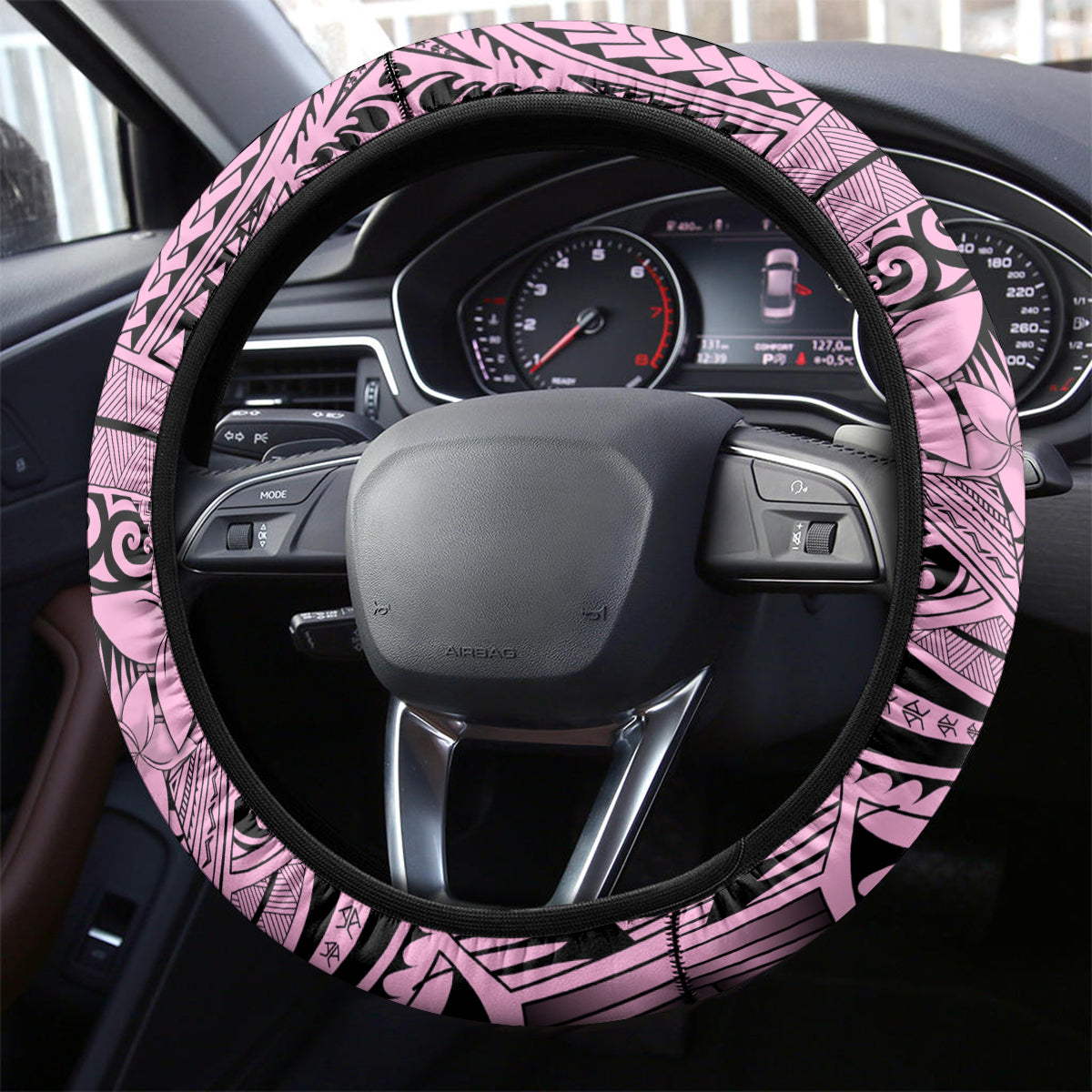 Polynesia Steering Wheel Cover Tribal Polynesian Spirit With Pink Pacific Flowers LT9 - Polynesian Pride