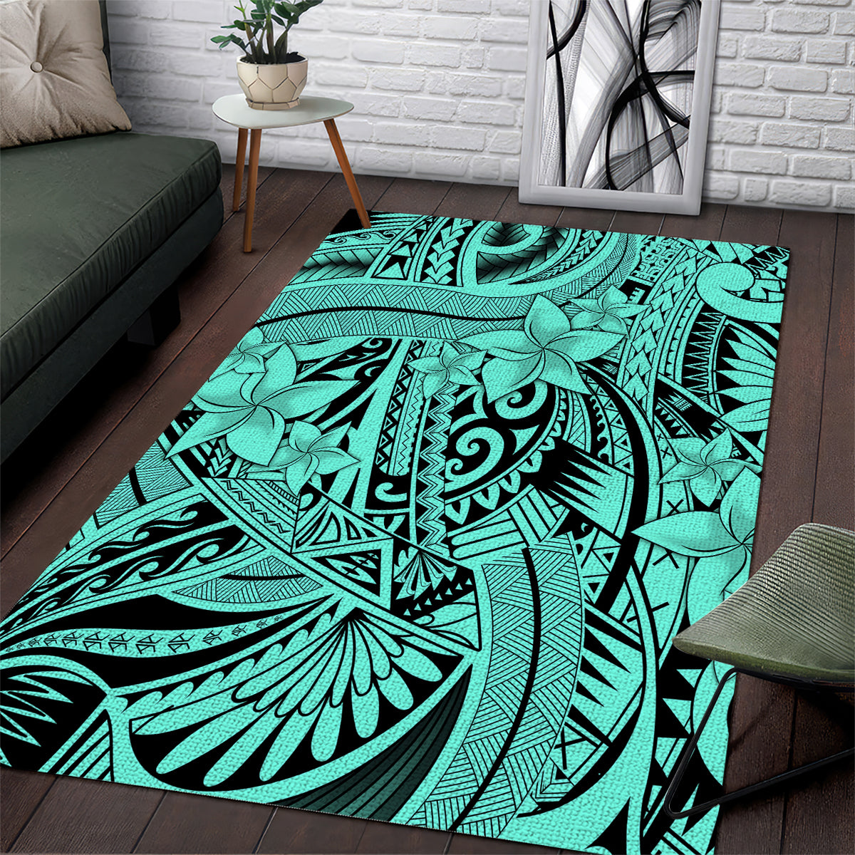 Polynesia Area Rug Tribal Polynesian Spirit With Teal Pacific Flowers LT9 Teal - Polynesian Pride