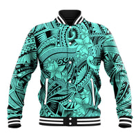 Polynesia Baseball Jacket Tribal Polynesian Spirit With Teal Pacific Flowers LT9 Unisex Teal - Polynesian Pride