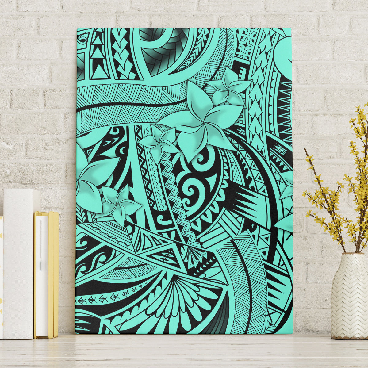 Polynesia Canvas Wall Art Tribal Polynesian Spirit With Teal Pacific Flowers LT9 Without Frame Teal - Polynesian Pride