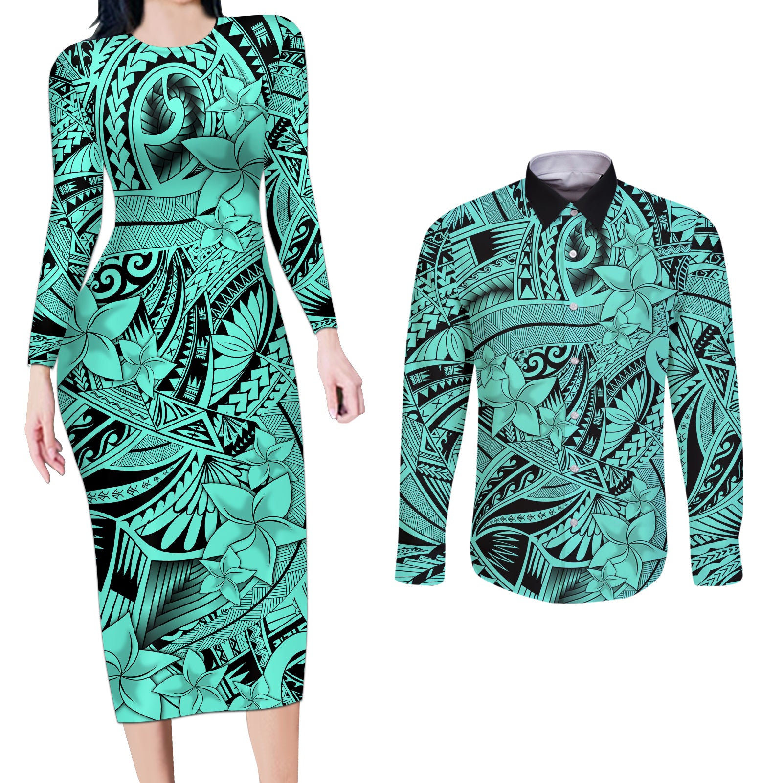 Polynesia Couples Matching Long Sleeve Bodycon Dress and Long Sleeve Button Shirt Tribal Polynesian Spirit With Teal Pacific Flowers LT9 Teal - Polynesian Pride