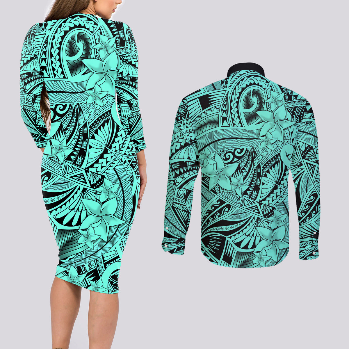 Polynesia Couples Matching Long Sleeve Bodycon Dress and Long Sleeve Button Shirt Tribal Polynesian Spirit With Teal Pacific Flowers LT9 - Polynesian Pride