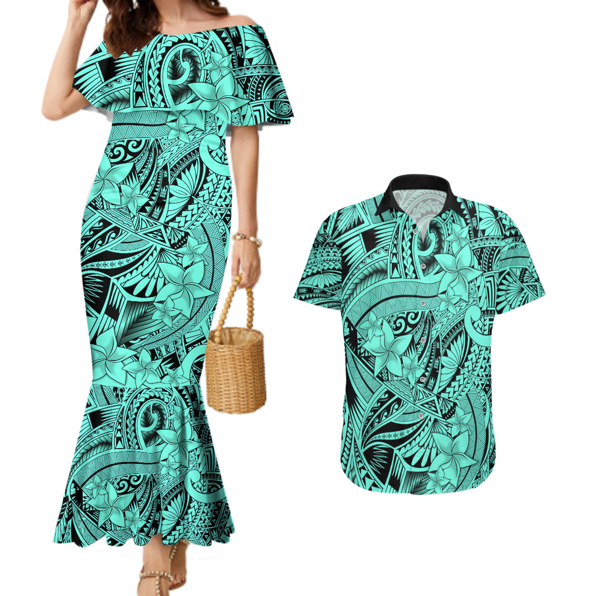 Polynesia Couples Matching Mermaid Dress and Hawaiian Shirt Tribal Polynesian Spirit With Teal Pacific Flowers LT9 Teal - Polynesian Pride