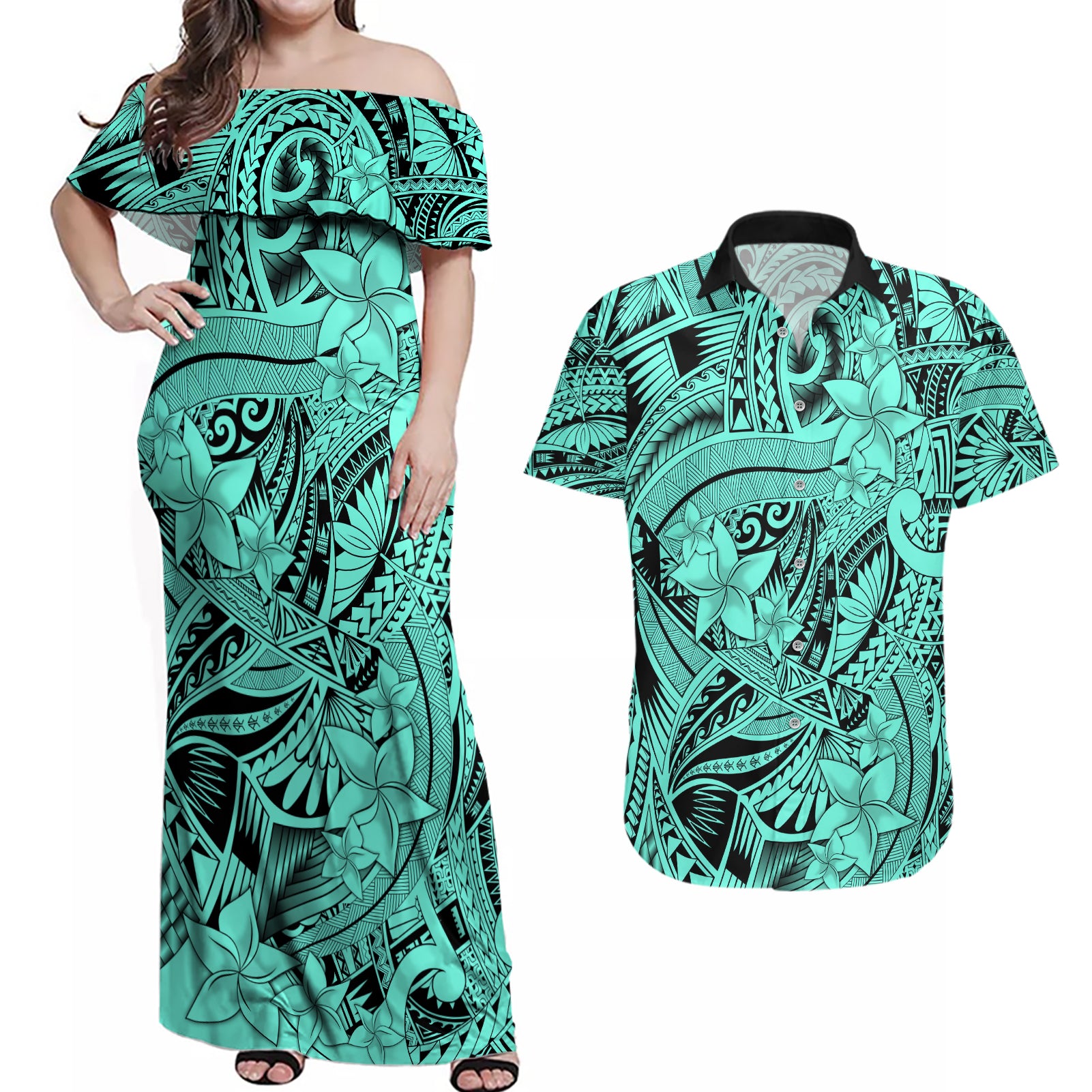 Polynesia Couples Matching Off Shoulder Maxi Dress and Hawaiian Shirt Tribal Polynesian Spirit With Teal Pacific Flowers LT9 Teal - Polynesian Pride