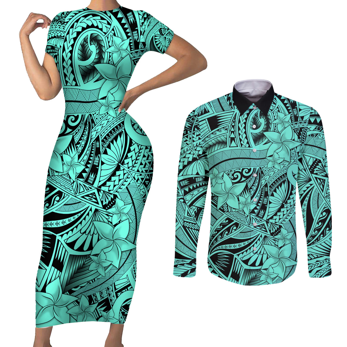 Polynesia Couples Matching Short Sleeve Bodycon Dress and Long Sleeve Button Shirt Tribal Polynesian Spirit With Teal Pacific Flowers LT9 Teal - Polynesian Pride