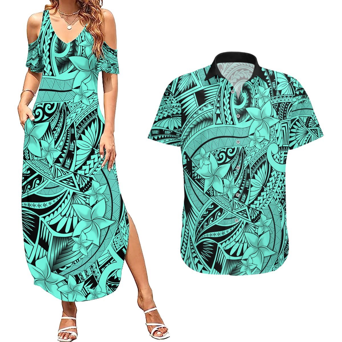 Polynesia Couples Matching Summer Maxi Dress and Hawaiian Shirt Tribal Polynesian Spirit With Teal Pacific Flowers LT9 Teal - Polynesian Pride