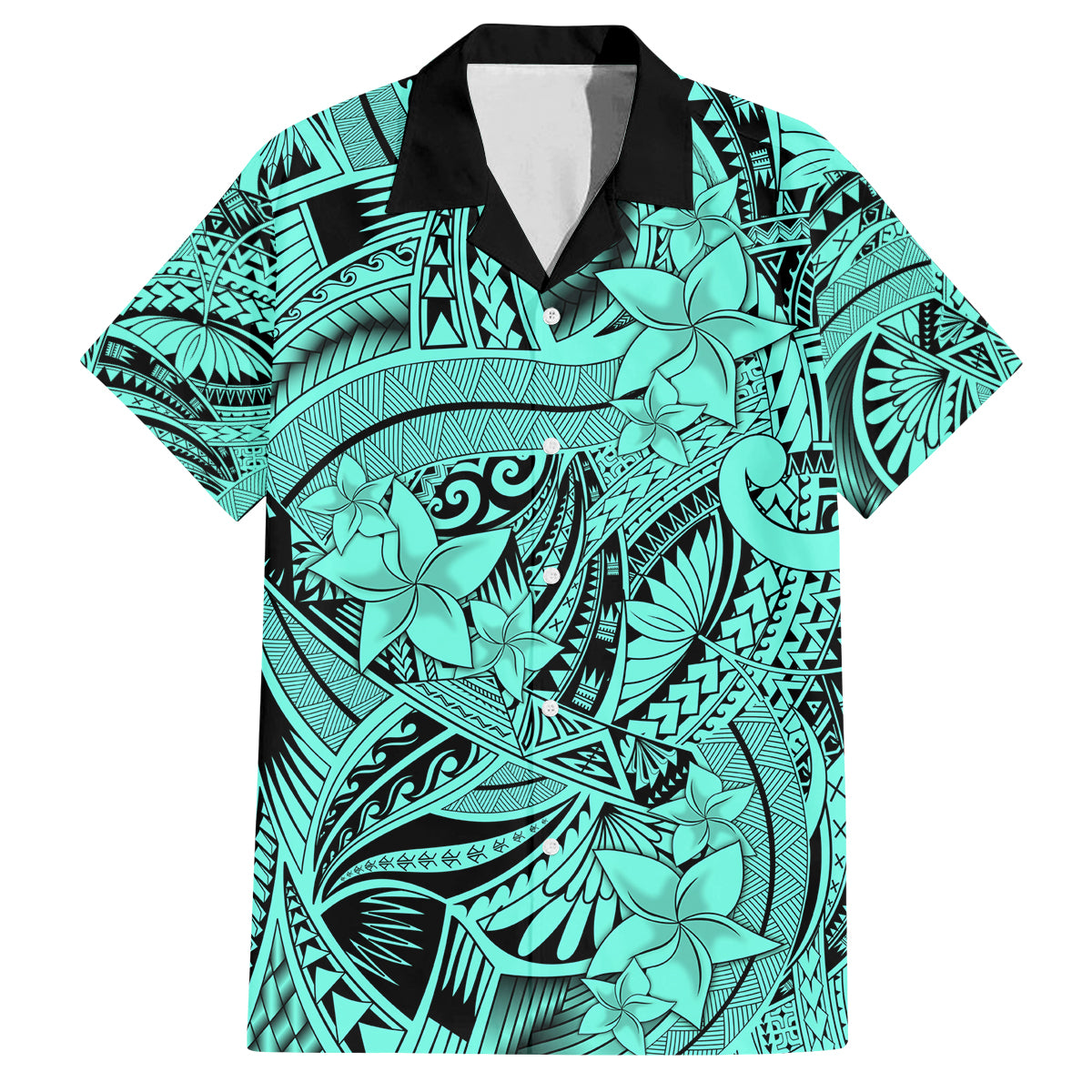 Polynesia Family Matching Off Shoulder Long Sleeve Dress and Hawaiian Shirt Tribal Polynesian Spirit With Teal Pacific Flowers LT9 Dad's Shirt - Short Sleeve Teal - Polynesian Pride