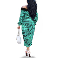 Polynesia Family Matching Off Shoulder Long Sleeve Dress and Hawaiian Shirt Tribal Polynesian Spirit With Teal Pacific Flowers LT9 - Polynesian Pride