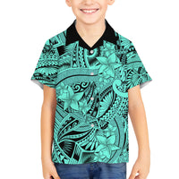 Polynesia Family Matching Off Shoulder Maxi Dress and Hawaiian Shirt Tribal Polynesian Spirit With Teal Pacific Flowers LT9 Son's Shirt Teal - Polynesian Pride