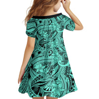 Polynesia Family Matching Off Shoulder Short Dress and Hawaiian Shirt Tribal Polynesian Spirit With Teal Pacific Flowers LT9 - Polynesian Pride