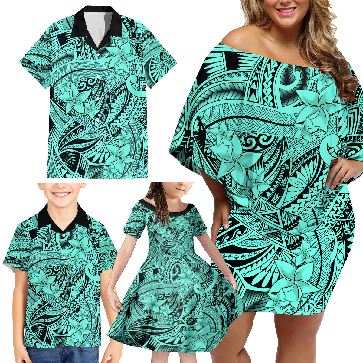 Polynesia Family Matching Off Shoulder Short Dress and Hawaiian Shirt Tribal Polynesian Spirit With Teal Pacific Flowers LT9 - Polynesian Pride