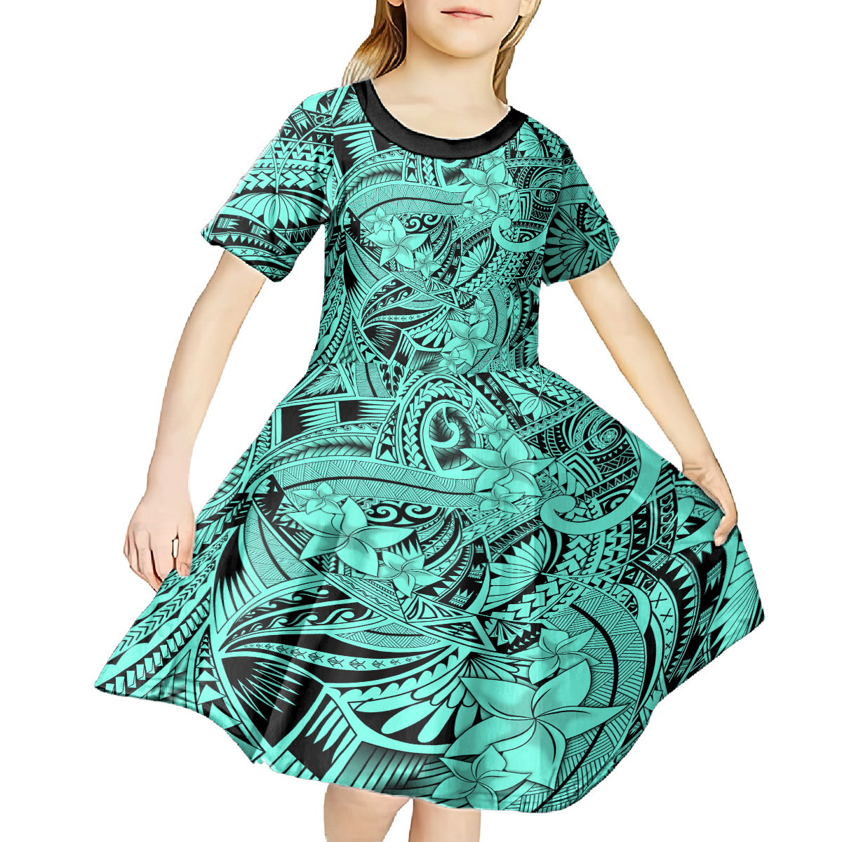 Polynesia Kid Short Sleeve Dress Tribal Polynesian Spirit With Teal Pacific Flowers LT9 - Polynesian Pride