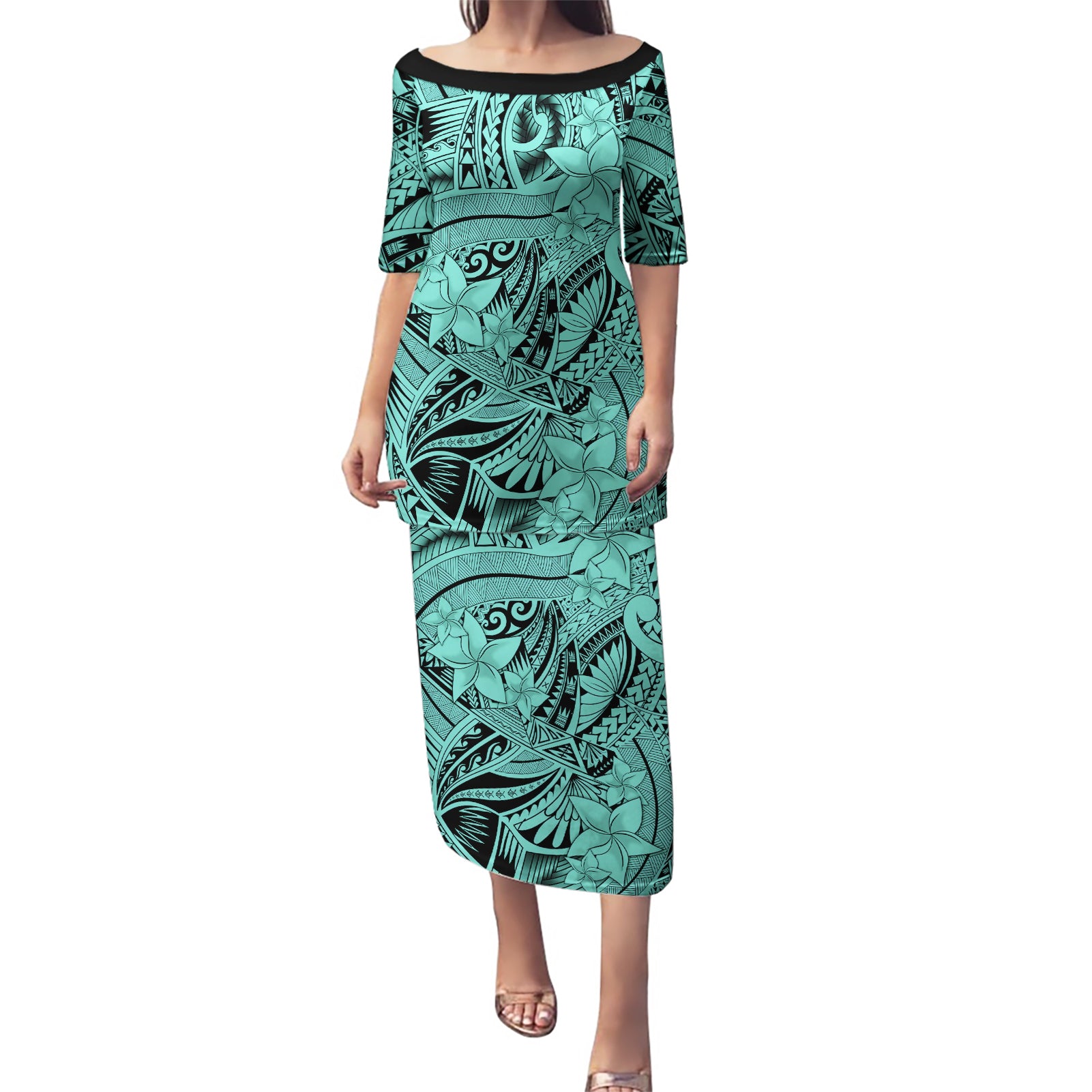 Polynesia Puletasi Tribal Polynesian Spirit With Teal Pacific Flowers LT9 Long Dress Teal - Polynesian Pride