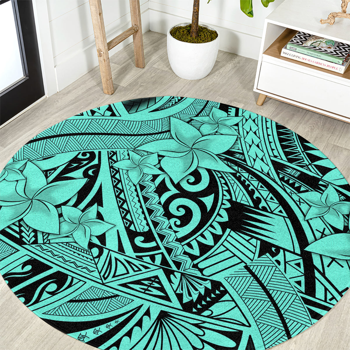 Polynesia Round Carpet Tribal Polynesian Spirit With Teal Pacific Flowers LT9 Teal - Polynesian Pride