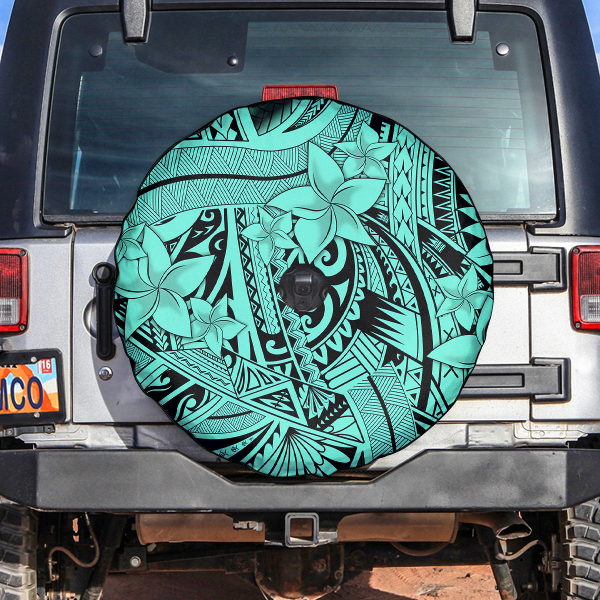 Polynesia Spare Tire Cover Tribal Polynesian Spirit With Teal Pacific Flowers LT9 Teal - Polynesian Pride