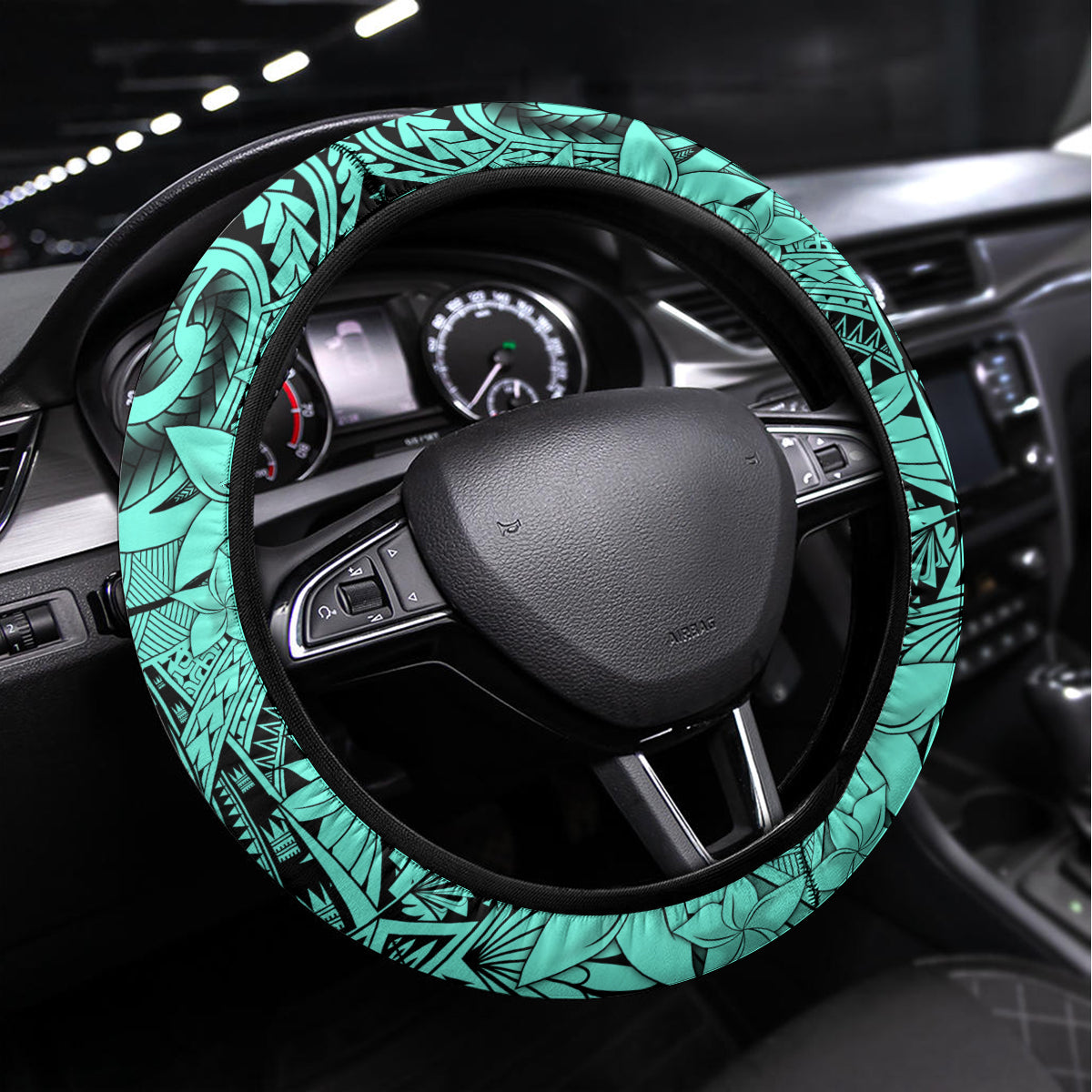 Polynesia Steering Wheel Cover Tribal Polynesian Spirit With Teal Pacific Flowers LT9 Universal Fit Teal - Polynesian Pride
