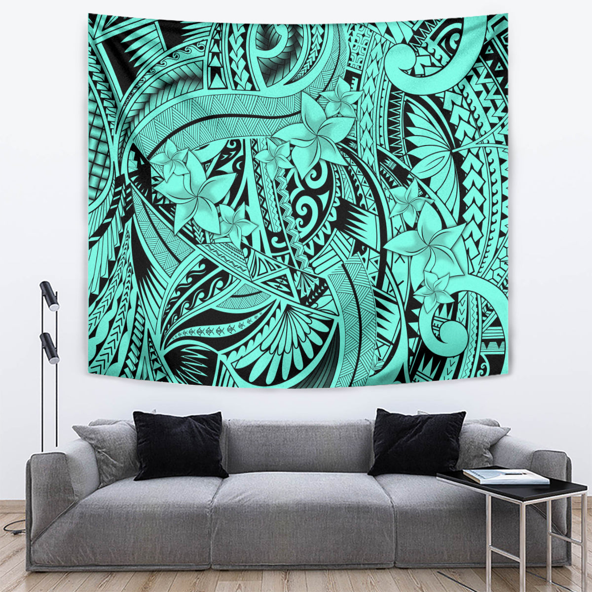 Polynesia Tapestry Tribal Polynesian Spirit With Teal Pacific Flowers LT9 Teal - Polynesian Pride