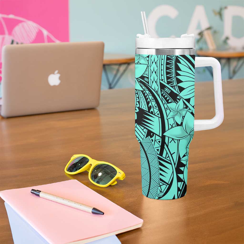 Teal Pacific Flowers Tribal Polynesian Spirit Tumbler With Handle LT9 - Polynesian Pride