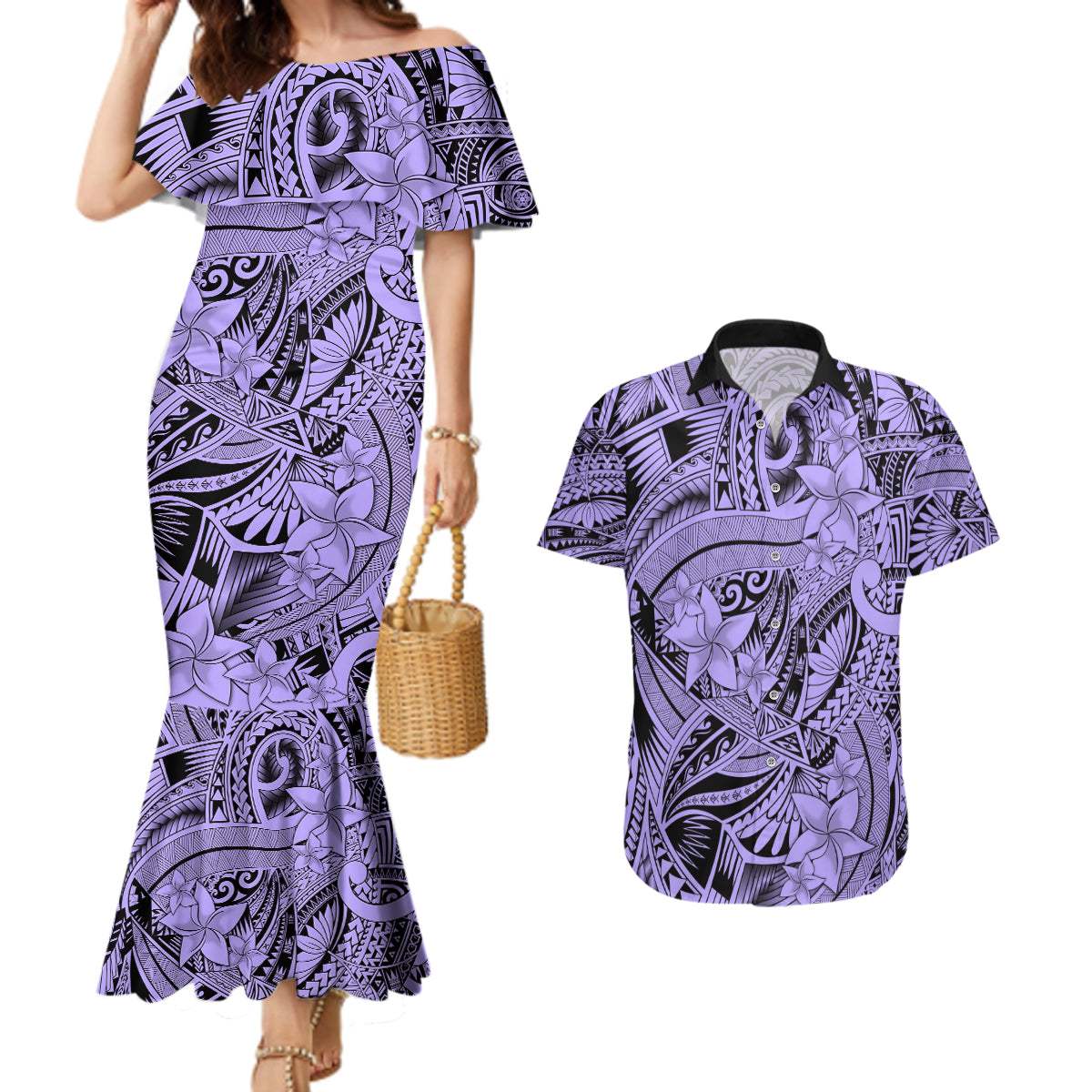 Polynesia Couples Matching Mermaid Dress and Hawaiian Shirt Tribal Polynesian Spirit With Violet Pacific Flowers LT9 Violet - Polynesian Pride