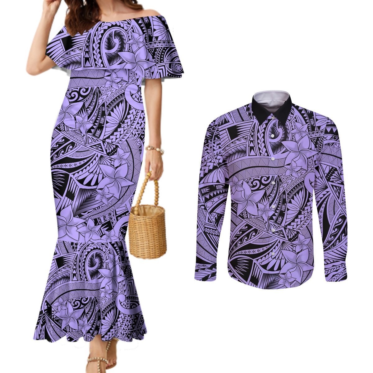 Polynesia Couples Matching Mermaid Dress and Long Sleeve Button Shirt Tribal Polynesian Spirit With Violet Pacific Flowers LT9 Violet - Polynesian Pride
