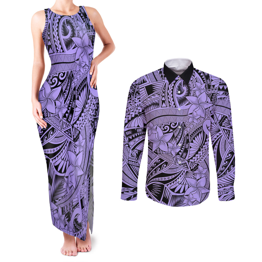 Polynesia Couples Matching Tank Maxi Dress and Long Sleeve Button Shirt Tribal Polynesian Spirit With Violet Pacific Flowers LT9 Violet - Polynesian Pride