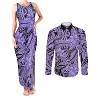 Polynesia Couples Matching Tank Maxi Dress and Long Sleeve Button Shirt Tribal Polynesian Spirit With Violet Pacific Flowers LT9 Violet - Polynesian Pride