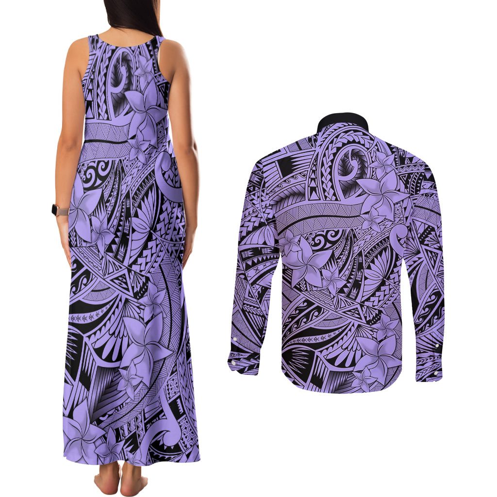 Polynesia Couples Matching Tank Maxi Dress and Long Sleeve Button Shirt Tribal Polynesian Spirit With Violet Pacific Flowers LT9 - Polynesian Pride