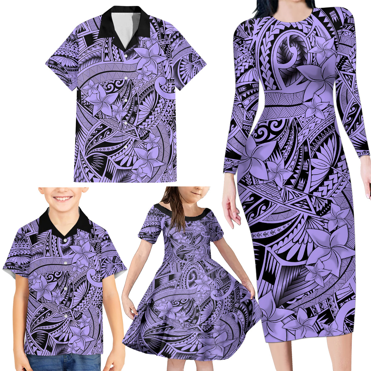 Polynesia Family Matching Long Sleeve Bodycon Dress and Hawaiian Shirt Tribal Polynesian Spirit With Violet Pacific Flowers LT9 - Polynesian Pride