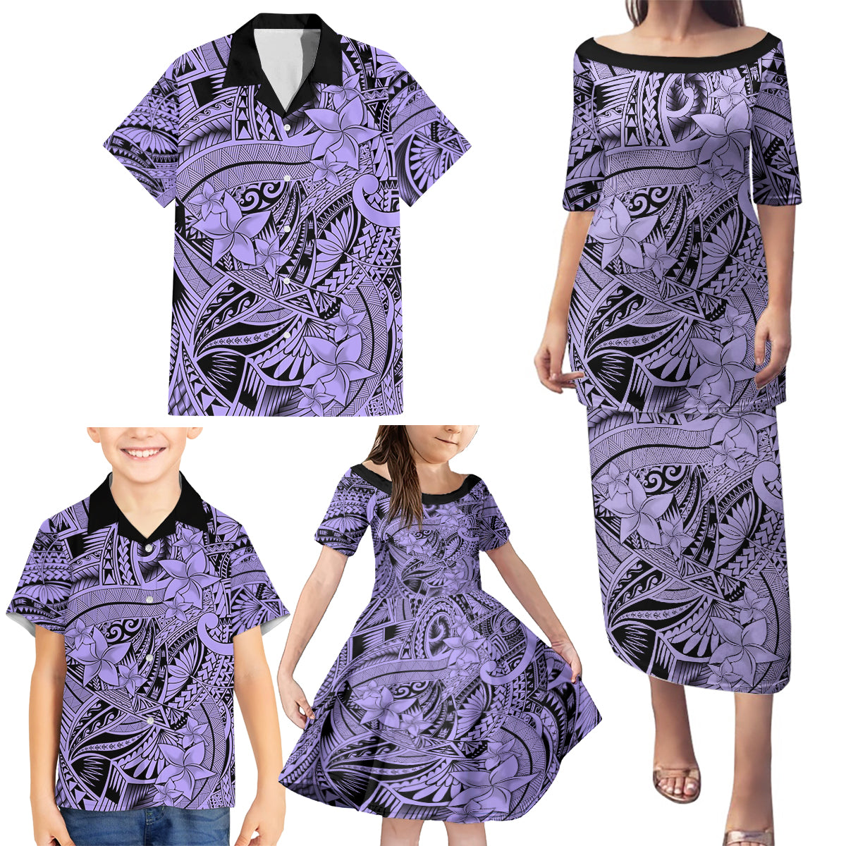 Polynesia Family Matching Puletasi Dress and Hawaiian Shirt Tribal Polynesian Spirit With Violet Pacific Flowers LT9 - Polynesian Pride