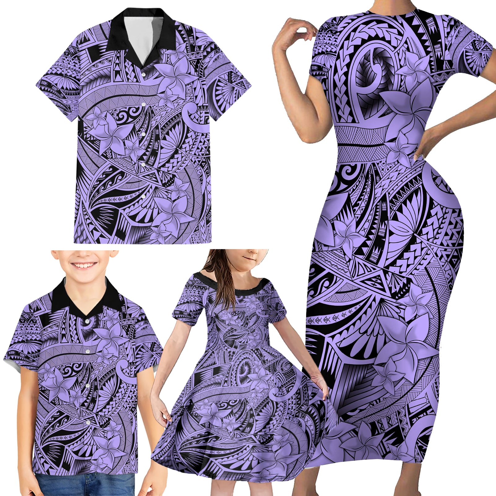 Polynesia Family Matching Short Sleeve Bodycon Dress and Hawaiian Shirt Tribal Polynesian Spirit With Violet Pacific Flowers LT9 - Polynesian Pride