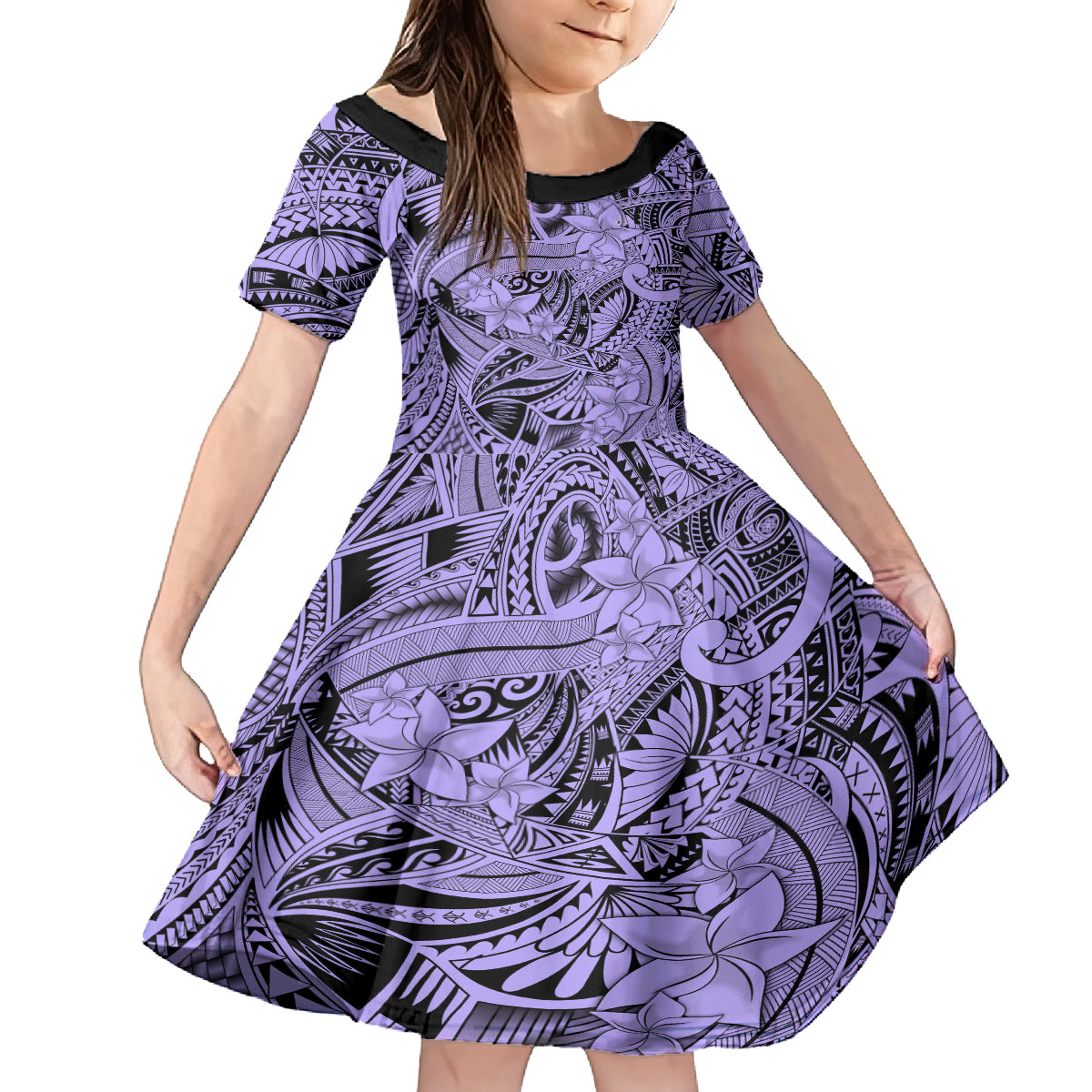 Polynesia Family Matching Summer Maxi Dress and Hawaiian Shirt Tribal Polynesian Spirit With Violet Pacific Flowers LT9 Daughter's Dress Violet - Polynesian Pride
