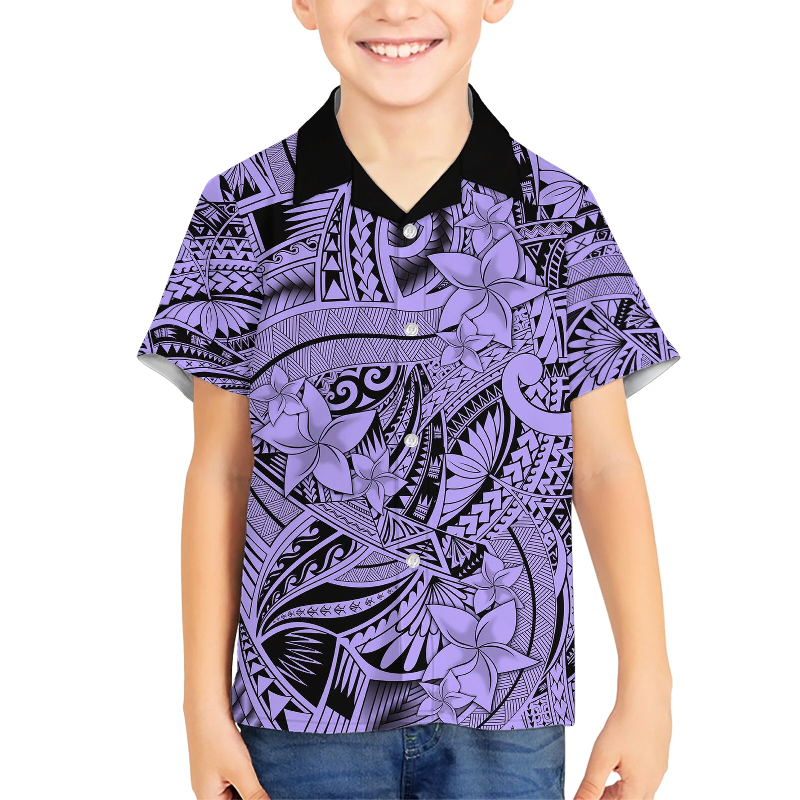 Polynesia Kid Hawaiian Shirt Tribal Polynesian Spirit With Violet Pacific Flowers LT9 Kid Violet - Polynesian Pride
