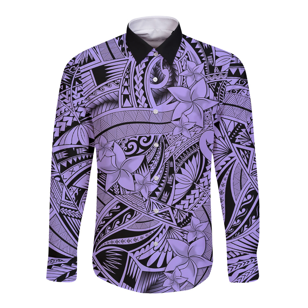 Polynesia Long Sleeve Button Shirt Tribal Polynesian Spirit With Violet Pacific Flowers LT9 Unisex Violet - Polynesian Pride