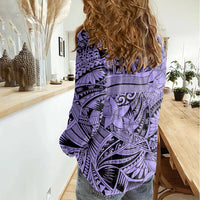 Polynesia Women Casual Shirt Tribal Polynesian Spirit With Violet Pacific Flowers LT9 - Polynesian Pride